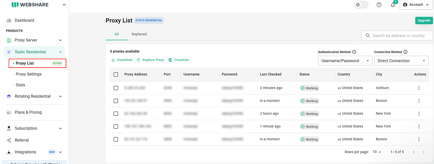 webshare Static Residential → Proxy List: fixed endpoints, ports, authentication, and status